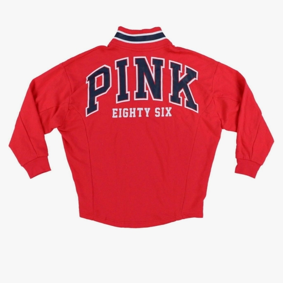 PINK VS Quarter Zip Oversized Jersey Sweatshirt Red, Blue & White NWOT - Picture 2 of 6